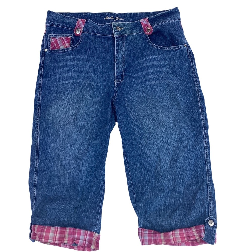 Apollo Jeans Womens 13/14 Blue Denim Crop Capris Pink Plaid Trim Ramie Blend